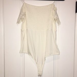 Ivory smocked off the shoulder body suit